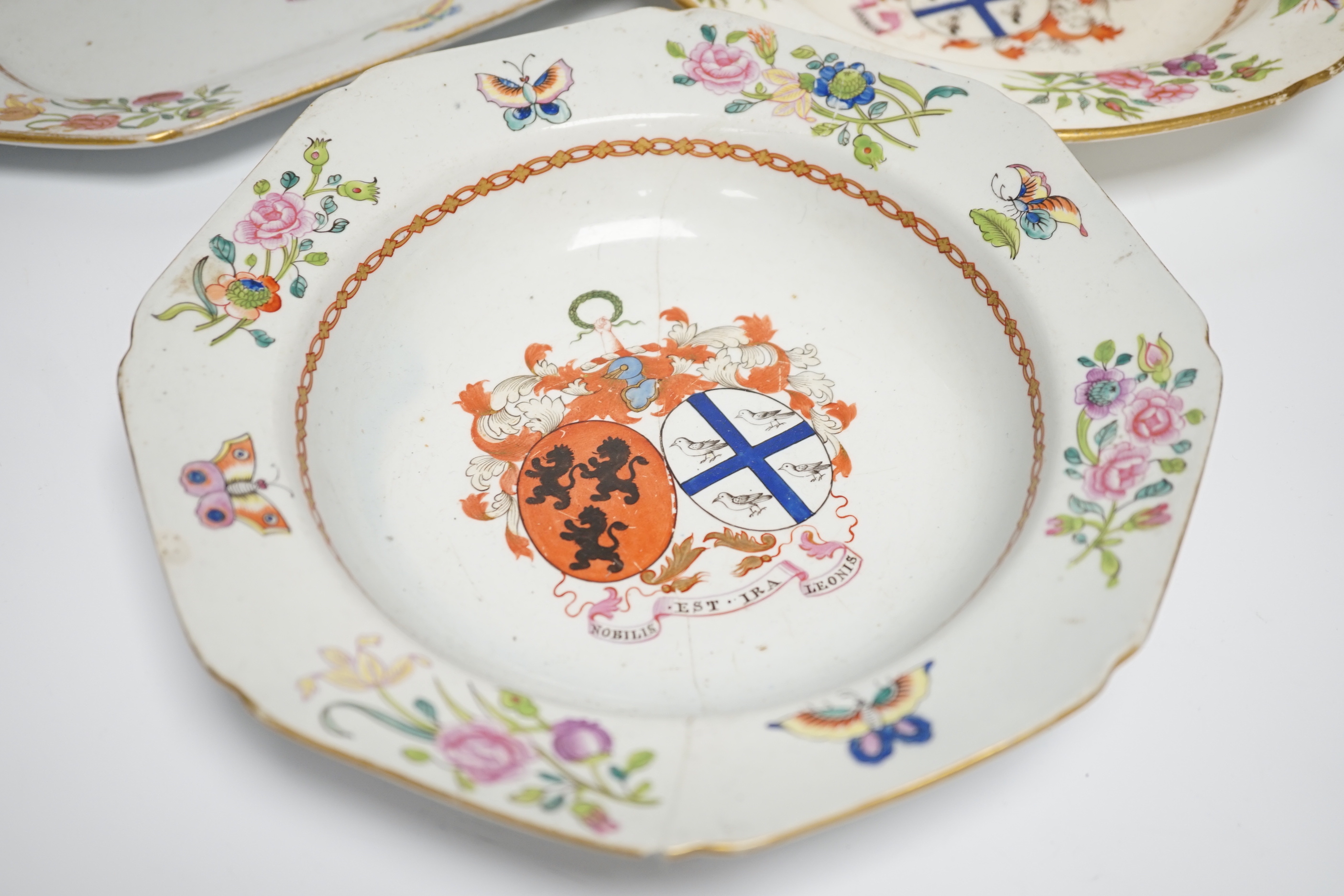 A group of Spode, Copeland & Garrett etc. stone china and porcelain armorial dinner wares, for Stuart of Bute, c.1820-50, The design in imitation of 18th century Chinese exports armorial wares, largest 28cm wide